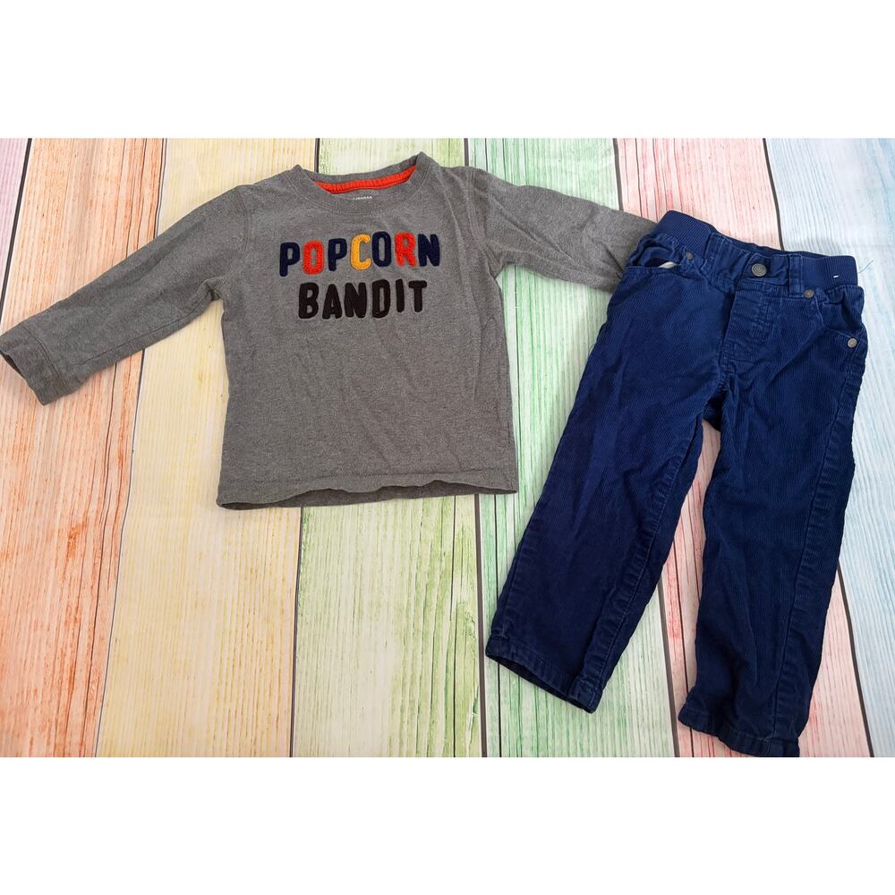 Gymboree 18-24 Month “Popcorn Bandit” Set – Gray Top & Dark Blue Corduroys – EUC
